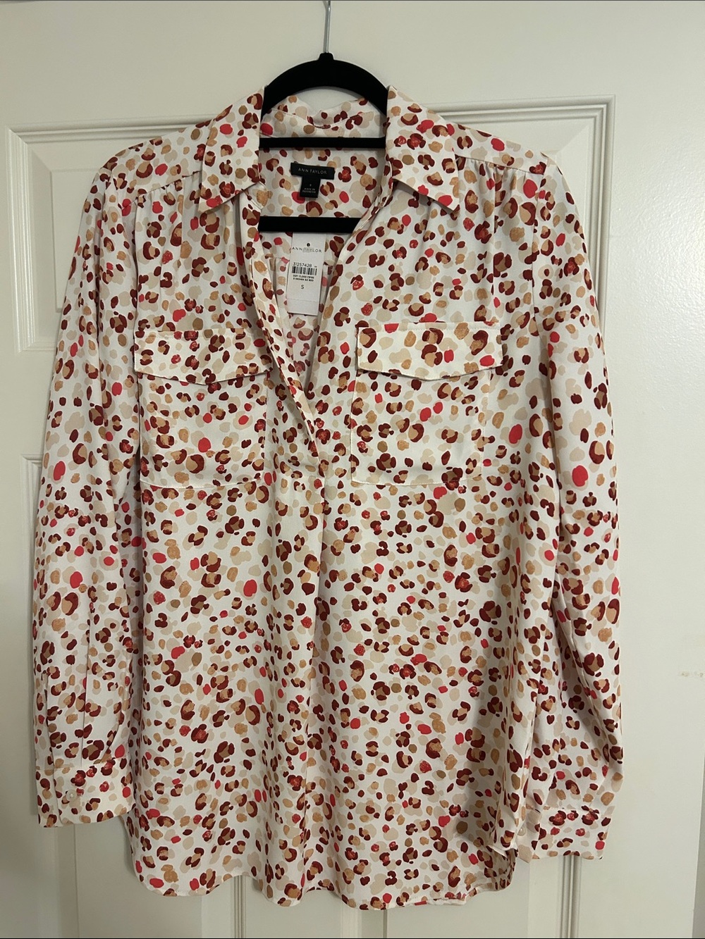 Ann Taylor Popover Blouse with Rose, Beige and Brown Dot Print